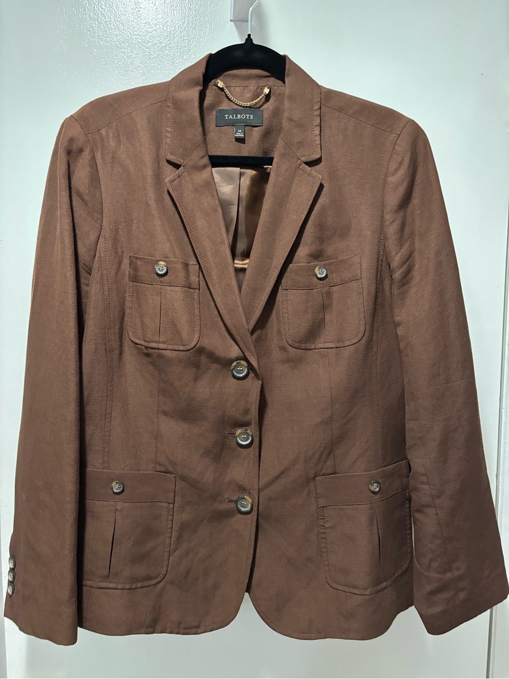 Talbots Chocolate Brown Single-Breasted Tailored Linen Blend Blazer Size 14